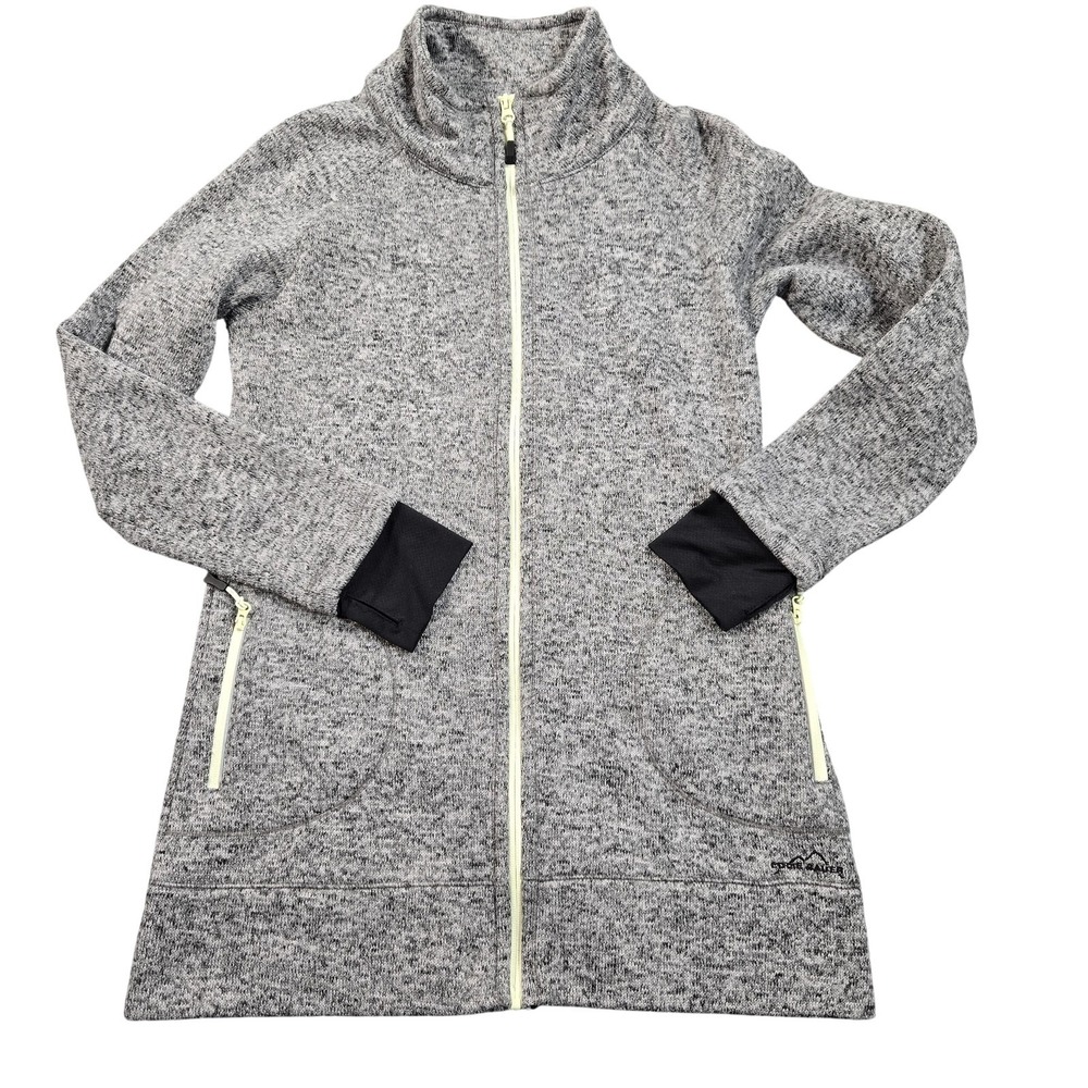 Eddie Bauer Jacket Womens Medium Gray Fleece Full Zip Pockets Longline Mock Neck
